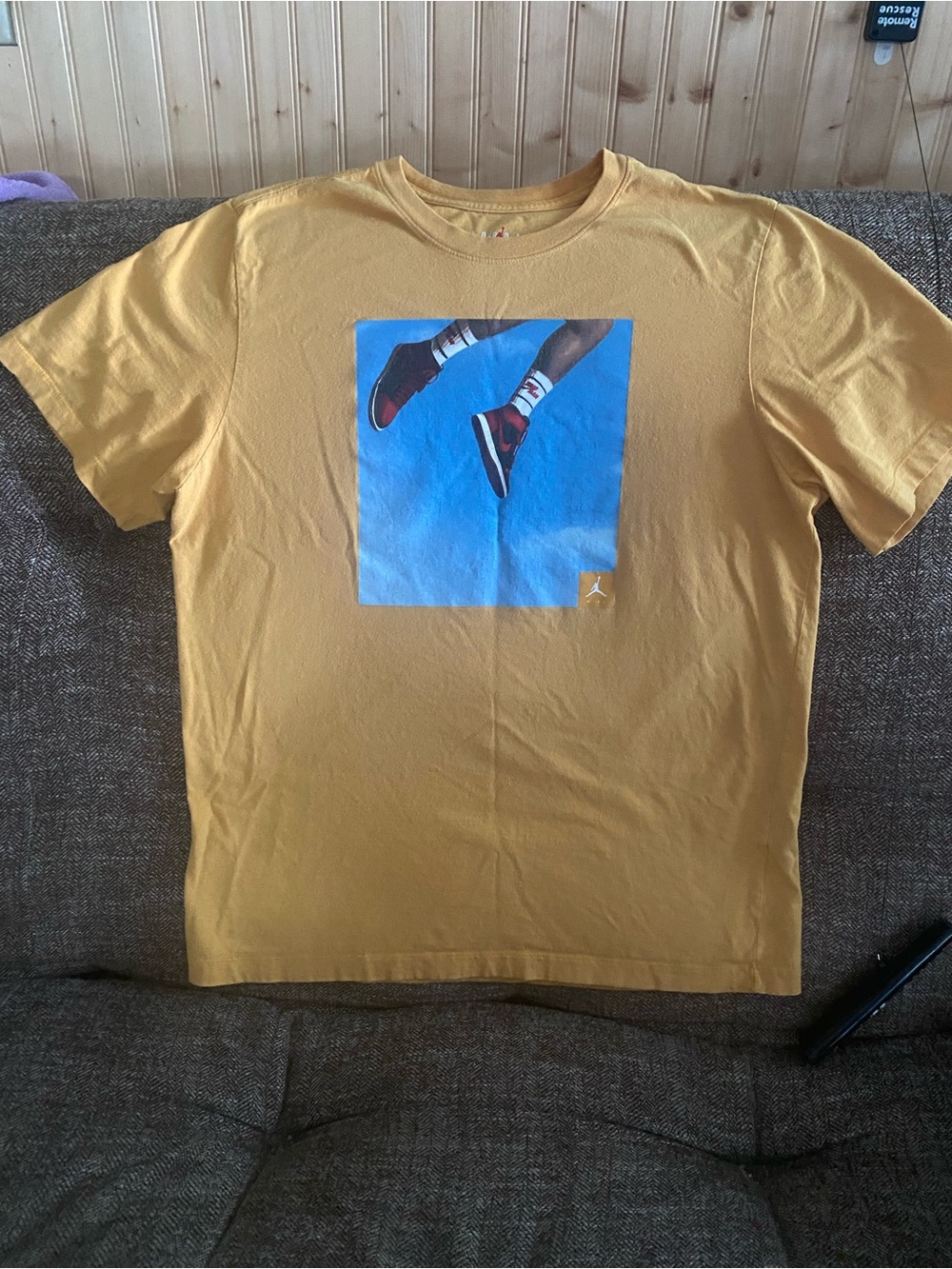 Jordan Men's Gold Short-Sleeve Tee with Blue Sneaker Graphic
